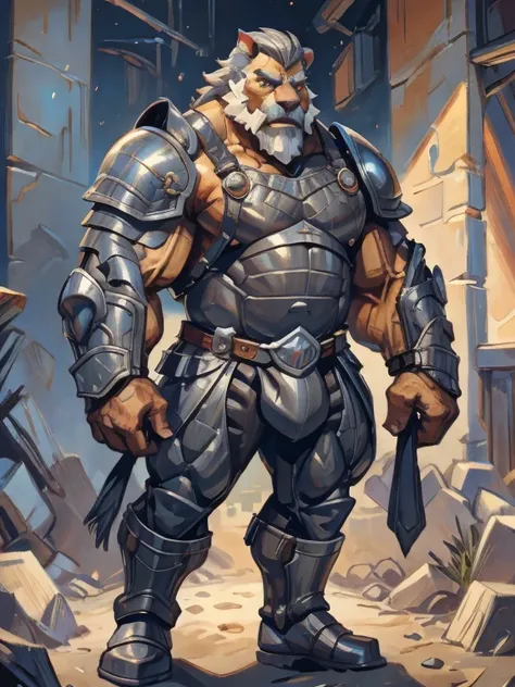 burly virile hairy werelion, in a suit of armor, a himbo muscle daddy, middle-aged dilf, hirsute, overmuscular and musclebound, bulging veiny muscles, a warriors build, a bodybuilders physique, long bushy and a thick mustache, a square jaw, handsome and dr...