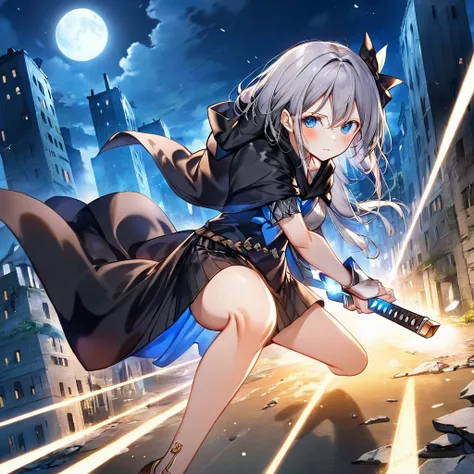 Against the background of night darkness、The ruins of a city in the near future were quietly illuminated by the moonlight.。Gray Hair、A girl with blue eyes, wearing a black cloak and a serious expression、Running at full speed with a leaning forward posture,...