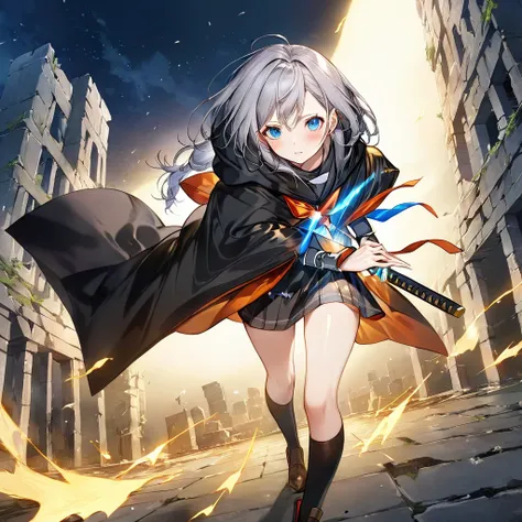 Against the background of night darkness、The ruins of a city in the near future were quietly illuminated by the moonlight.。Gray Hair、A girl with blue eyes, wearing a black cloak and a serious expression、Running at full speed with a leaning forward posture,...