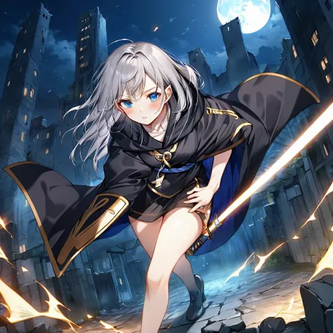 Against the background of night darkness、The ruins of a city in the near future were quietly illuminated by the moonlight.。Gray Hair、A girl with blue eyes, wearing a black cloak and a serious expression、Running at full speed with a leaning forward posture,...