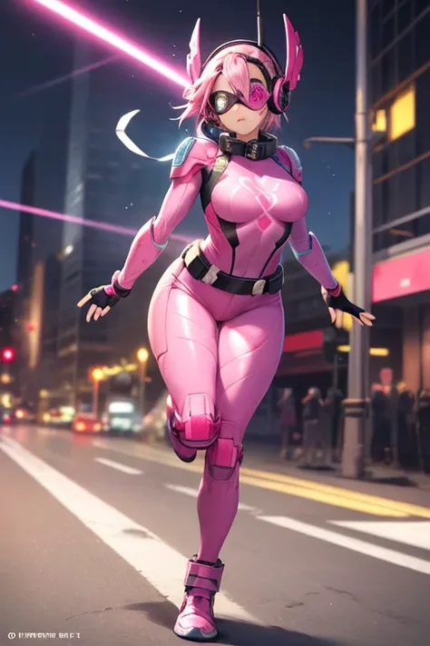 ((best quality)), ((masterpiece)), (detailed), 1 girl, full body, 20s, young adult, eye mask, black helmet that covers her entire head, smooth head, biker helmet, biker helmet with blue headphones on the sides, flashlight on her forehead, short pink hair c...