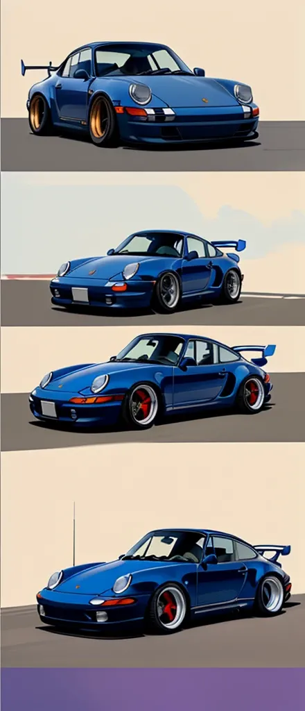 
Navy blue 
Porsche 911 rwb, wide body, sketch, 
cartoonish, comic strip, rendering, purple wheels, bagged, slammed to the ground, empty parkinglot, style dessin manga, couleur