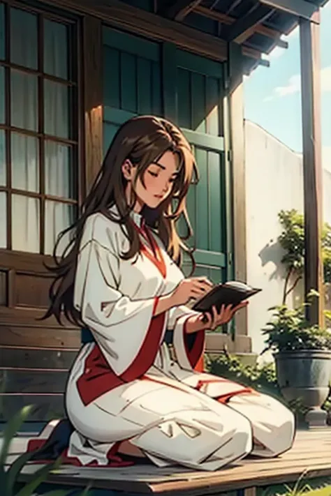 Mature women with long brown hair with lipstick , gentle eyes, holding herbs and meditating , manga page with panels and dialogue    