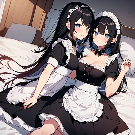 Anime girl with black hair and white dress lying in bed, Anime drawing by Honoohito, Pixiv, Sequential Art, anime girl in a Maid costume, , Anime Moe Art Style, gorgeous Maid, Cute girl anime visuals, anime cat girl in a Maid costume, Maid outfit, Enchanti...