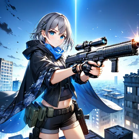 Against the background of night darkness、A ruined city in the near future is quietly illuminated by moonlight.。Gray Hair、A girl wearing blue-eyed city camouflage and a black cloak。A girl with a serious face holding a submachine gun is in a shooting positio...