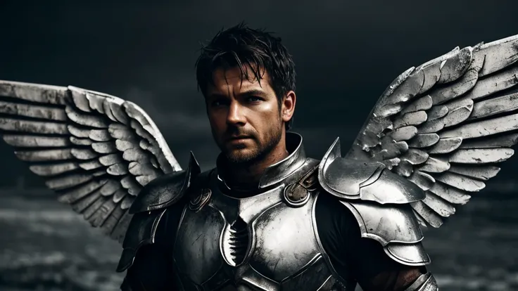 Close-up Male angel with a rough, rustic, dirty appearance; dressed in silver metallic armor, has beautiful white wings; the scene is cold and dark, the atmosphere is damp and gloomy; film banner; photo realistic; high contrast