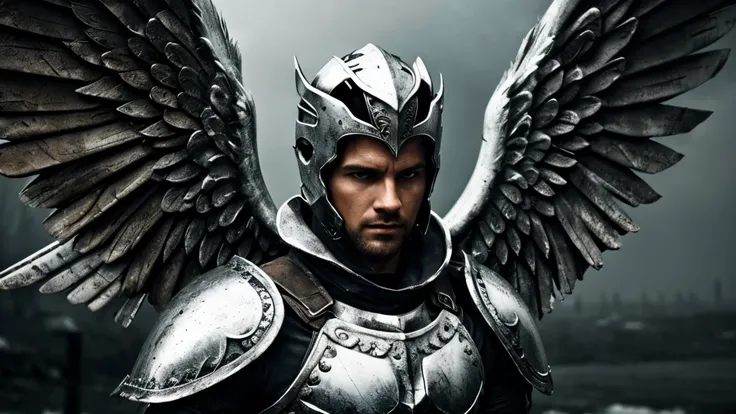 Close-up Male angel with a rough, rustic, dirty appearance; dressed in silver metallic armor, has beautiful white wings; the scene is cold and dark, the atmosphere is damp and gloomy; film banner; photo realistic; high contrast