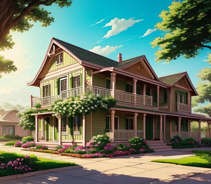 Painting of the exterior of a three-story small western-style building, white walls, light green doors and windows, pink rose flowers, flower vines, comic background art, relaxation concept art, anime landscape concept art, very detailed scenes, beautiful ...