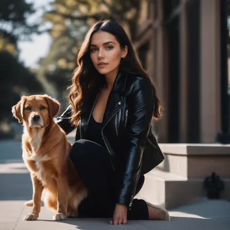  instagram photo of a woman in a black jacket, sitting next to a cute dog, posing for the camera, ((perfect eyes, detailed eyes,realistic eyes)), ((sharp face, detailed face, realistic face, naturtal skin, realistic skin, detailed skin, pores)), (masterpie...