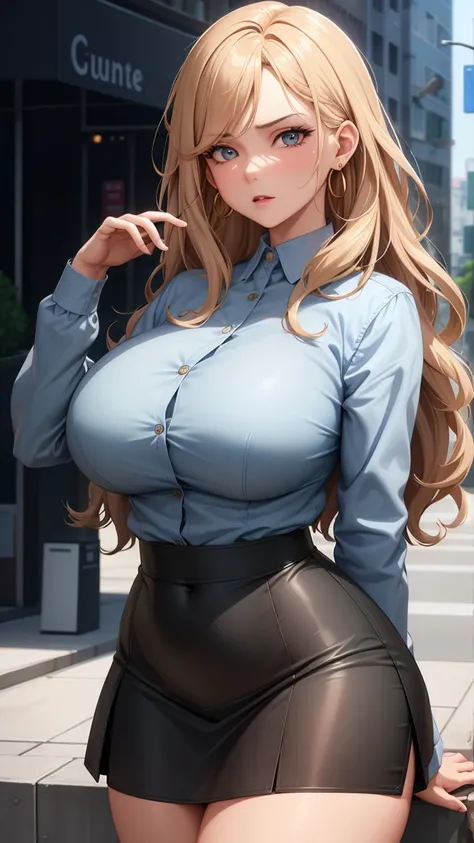 (best quality:1.5, High resolution, Ultra HD, 4K, Detailed lighting, Shaders), (High quality eyes), ( Perfect fingers),  Curly hair, Gradient hair, Large Breasts, Set, Grey shirt, Social shirts, Short skirt, Mature woman , (View), White background, Colored...