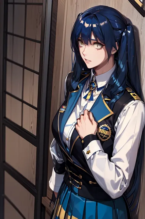 long hair, blue hair, yellow eyes, (twintails:1.1) blue suit, skirt, shirt, , badge on the chest
