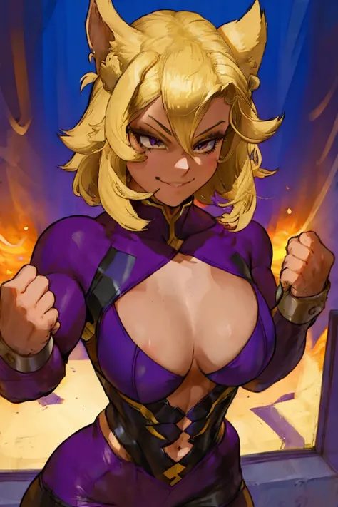 A hot girl with strong, light blonde hair, cute hair, Look of Fury, musclegirl, dark costume and fist. Smile, lilac makeup,