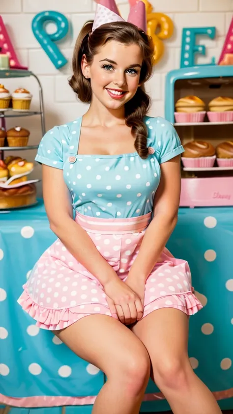 photo brunette pinup sitting on big birthday cake wearing an apron in pinup style beautiful smile beautiful bakery bright light colors pastel mini skirt with polka dots posing in pinup style sexy