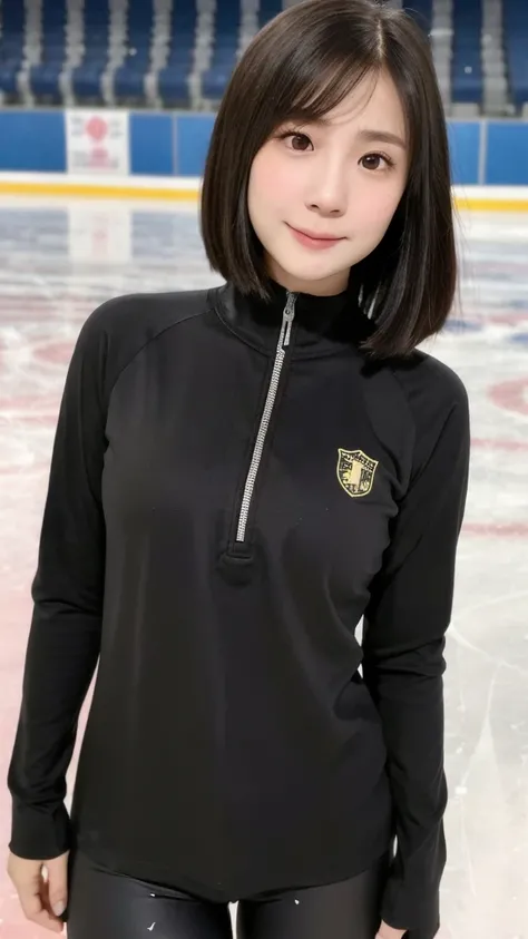 (kawaii 24 year-old Japanese girl, Nogizaka idol, Korean idol), healthy female athlete, figure skater, (glossy black hair, messy very short hair, messy pixie cut, symmetric hair length, even length hair edges:1.3), (bangs), (rounded face, black eyes, singl...