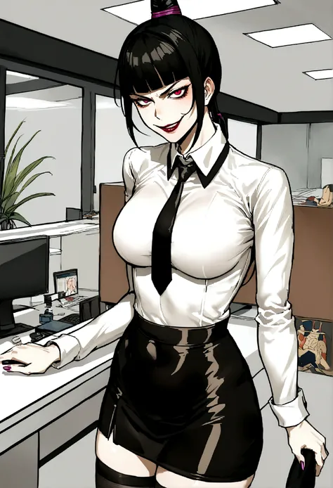 juri han, work of art, tight white secretary shirt with black tie, black high waist skirt, short skirt,stocking, black hair, black tights,evil smile,office,franja nos olhos,iluminação,chifre de cabelos,visão de cima,olhando para cima
