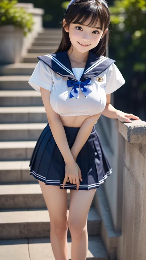 8k UHD、Digital single-lens reflex camera、High resolution、shallow depth of field、Natural light、(((sailor suit)))、(((Dark blue super mini skirt)))、(((full body shot)))、small person、(((young face)))、1 Japanese girl、16 years old; beautiful girl、(black hair)、((...