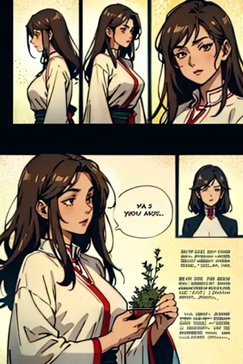 Mature women with long brown hair with lipstick , gentle eyes, holding herbs and meditating , manga page with panels and dialogue    