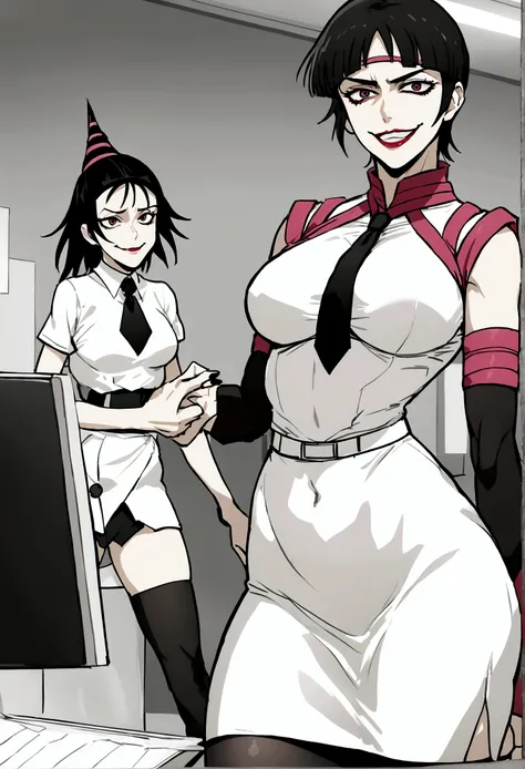 juri han, work of art, tight white secretary shirt with black tie, black high waist skirt, short skirt,stocking, black hair, black tights,evil smile,office,franja nos olhos,iluminação,chifre de cabelos,visão de cima,olhando para cima
