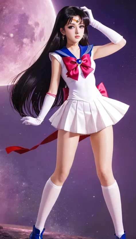 best quality, high quality, sailor senshi unifoem, gloves, boots, bow, brooch,pleated miniskirt, magical girl, earrings, long hair, nsfw, latex, satin, silk,