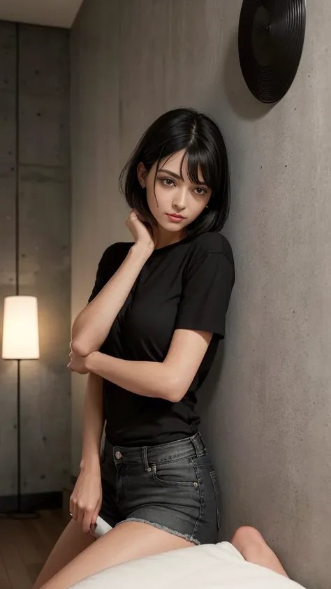 a woman wearing a black shirt and black denim shorts with short black hair, she is in a small, empty room with gray walls she is sitting on the floor with her back against the wall there is a lamp coming from the ceiling with a very long cord the woman is ...