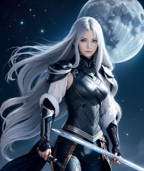 (Long Hair) (Silver Hair) (Jet Black Armor) (moon) (Dark blue eyes) (Carry a long sword),beautiful girl,One person