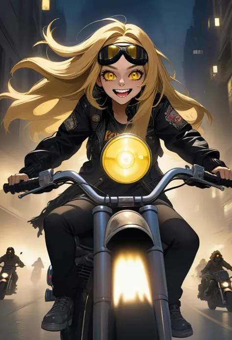 Woman riding big cruiser motorcycle, black streetwear, medium chest, long golden hair, golden eyes, big smile, happy, motorcycle goggles, dirty, apocalypse, city at night, highly detailed, fleeing zombies