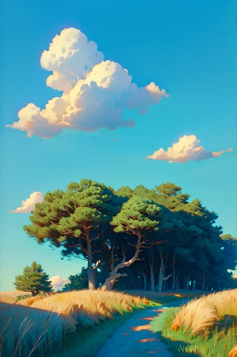 
Realistic, real, in this picture is seen and amazing Studio Ghibli Hayao Miyazaki Petals Grassland Blue Sky Grassland Country Road, building,