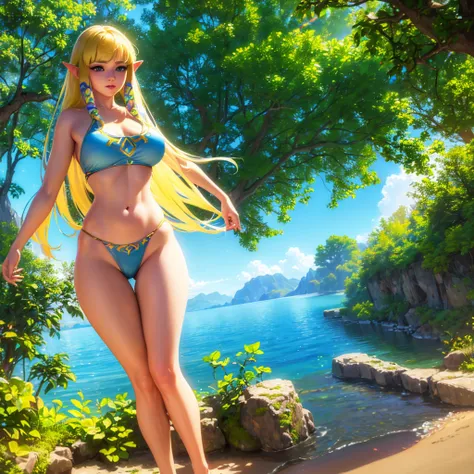 a beautiful woman, princess zelda, wearing a colorful swimsuit, large breasts, long blonde hair, blue eyes, delicate facial features, graceful posing, standing in a lush tropical garden, sunlight shining on her, vibrant colors, intricate details, photoreal...