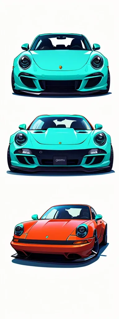 Turquoise Porsche 911 rwb, pop art,  cartoonish style , sketch, detailed illustration, large wheels, wide bodykit