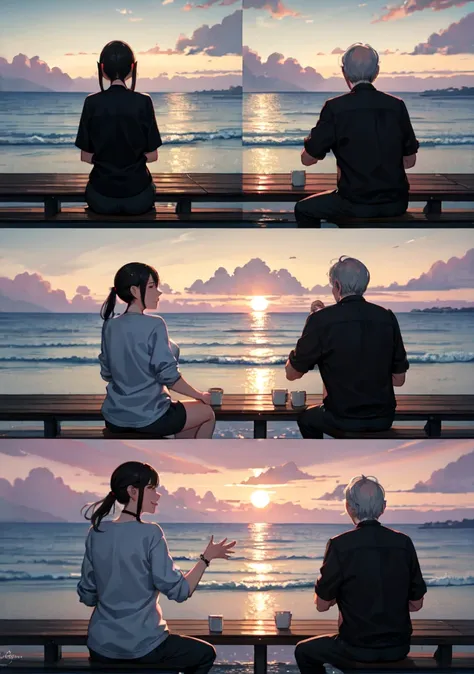 Elderly couple sitting next to each other on a bench, watching a stunning sunset over the ocean. They hold hands, their expressions full of joy and love