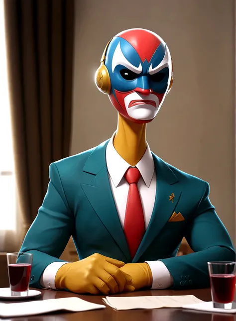 comic artwork of a man in a business suit, wearing a wrestling mask, sitting at a dinner table, crosshatching, 2D, Sharp, Detailed, HD, HDR, High Quality, High Resolution, Masterpiece, single panel