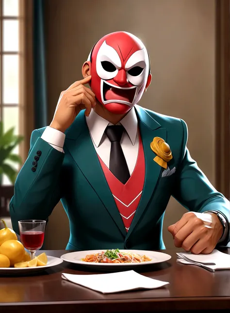 comic artwork of a man in a business suit, wearing a wrestling mask, sitting at a dinner table, crosshatching, 2D, Sharp, Detailed, HD, HDR, High Quality, High Resolution, Masterpiece, single panel