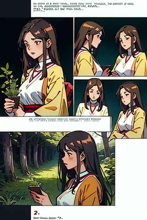 Mature women with long brown hair with lipstick , gentle eyes, holding herbs and meditating sadly , manga page with panels and dialogue    