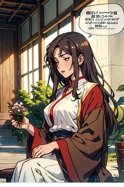 Mature women with long brown hair with lipstick , gentle eyes, holding herbs and meditating sadly , manga page with panels and dialogue    