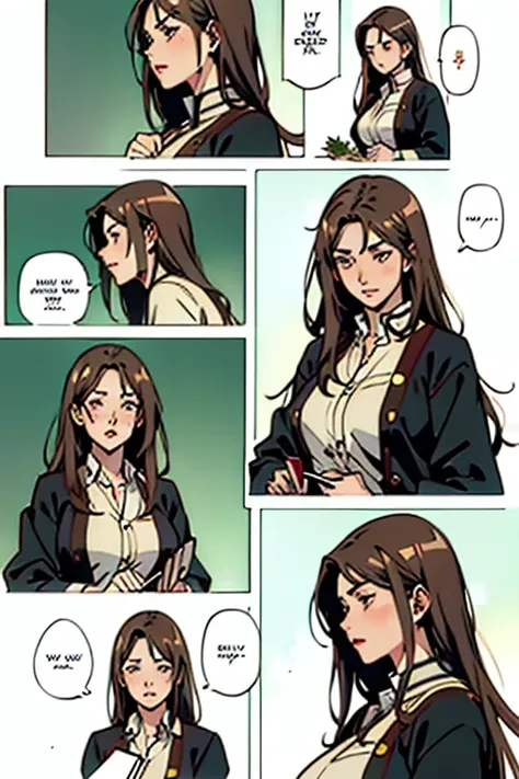 Mature women with long brown hair with lipstick , gentle eyes, holding herbs and meditating sadly , manga page with panels and dialogue    