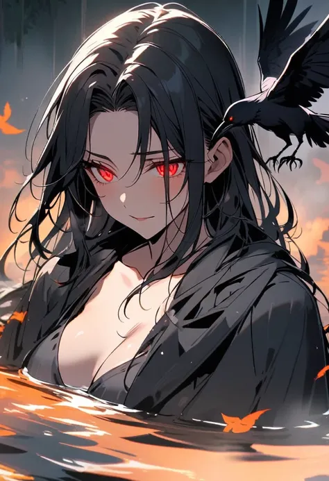 woman, vest, black cloak, red eyes, black hair, crow, glowing eyes, parted bangs, peaceful face, bathing