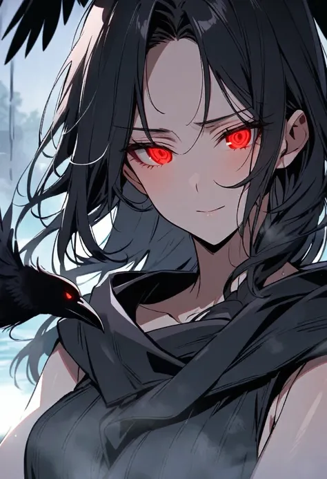 woman, vest, black cloak, red eyes, black hair, crow, glowing eyes, parted bangs, peaceful face, bathing