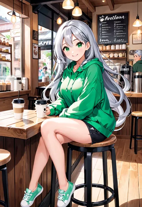 Pretty asian woman, bright silver hair, long hair, green eyes, busty, black shorts and a green hoodie, cute, sitting on a wooden barstool ,coffee shop environment, pretty smile, anime style, full body photo, facing to the right