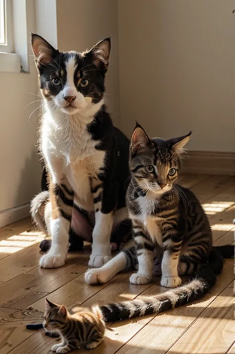 Kitten catches a ray of sun on the windowsill, and the puppy sits on the floor and looks at the kitten