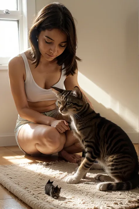 Kitten catches a ray of sun on the windowsill, and the puppy sits on the floor and looks at the kitten