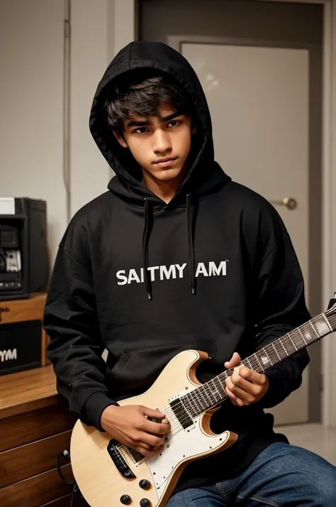 A 18 year boy in black hoodie and holding a accoustic guitar in hand and written a name on his hoodie SATYAM