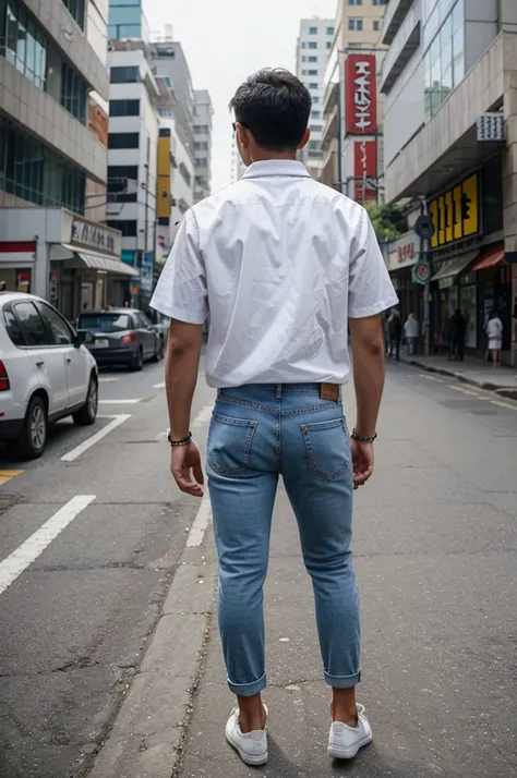 A young man standing facing back wearing a white shirt named TAKABEK GADIH RANTAU,jeans ,white shoes,in the middle of a big city