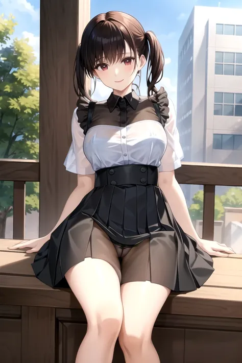 masterpiece, Highest quality, Very detailed , MyjmSkr-KJ, Black Skirt, View your audience, Prostitute&#39;s Smile, Pleated skirt, Collared shirt, Long sleeve, classroom、Spread your legs、Panty shot、See-through panties