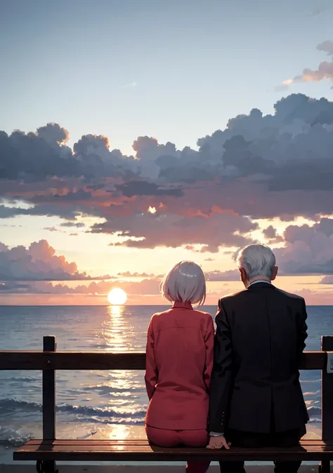 An elderly couple, the old man and the old woman, sitting next to each other on a bench, watching a stunning sunset over the ocean. They hold hands, their expressions full of joy and love