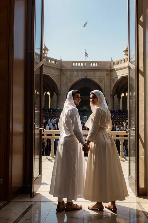 Photo of a pre-wedding man with a view of the Kaaba wearing an ihrom cloth with a pre-wedding woman wearing a white dress wearing a hijab with a view of the Kaaba and holding hands