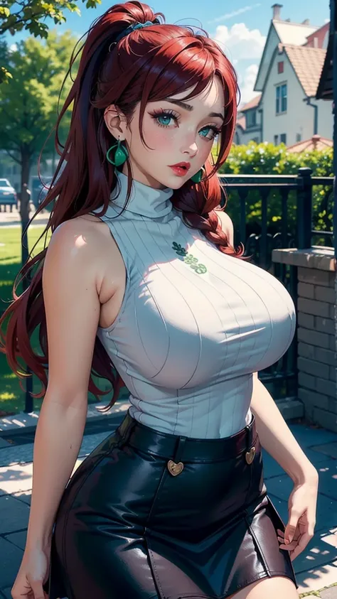  (masterpiece, top quality, best quality, official art, beautiful and aesthetic:1.2), (beautiful face), 
extremely detailed,colorful,highest detailed, (outdoors), tall Beautiful Russian girl with huge tits with very long dark red hair and green eyes, high ...