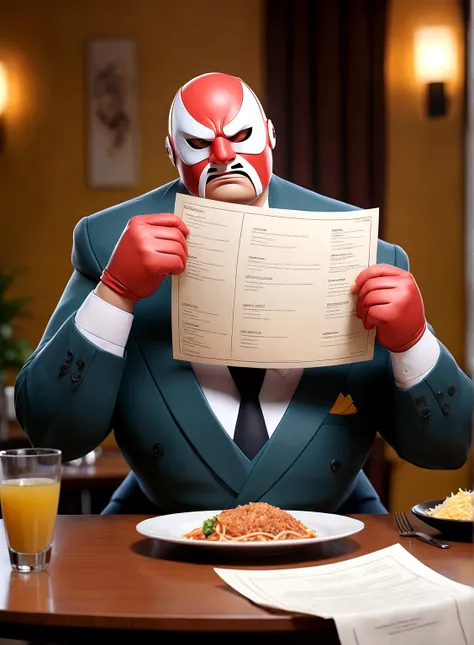 Minimalistic comic artwork of a large man in a business suit, wearing a wrestling mask, sitting at a dinner table looking at a menu, crosshatching, 2D, Sharp, Detailed, HD, HDR, High Quality, High Resolution, Masterpiece, single panel