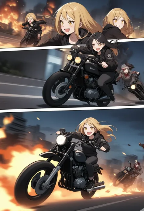 Golden hair, golden eyes, woman, cruiser motorcycle, motorcycle goggles, happy, big smile, burning city at night, zombie apocalypse, black streetwear, speeding, fleeing