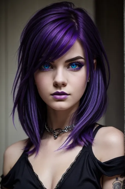 purple haired emo goth gangster girl with blue eyes pretty beautiful majestic goddess 