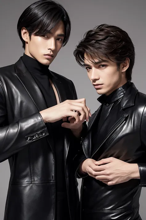 Two men wearing black leather suits 